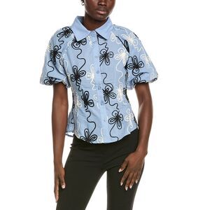 Gracia Womens  Flower Stitch Puff Sleeve Shirt, Blue